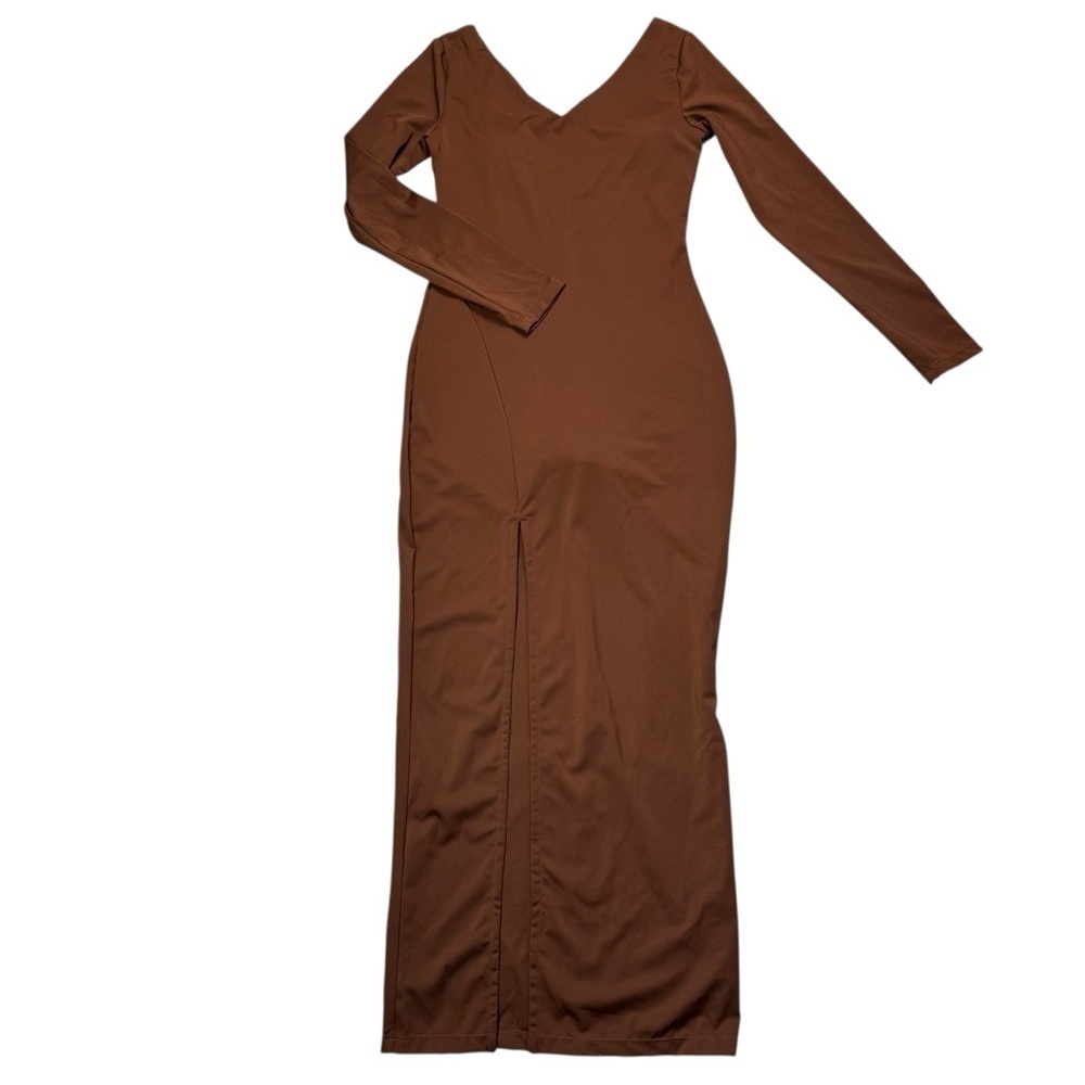 NWT New Popilush Shapewear Long Sleeve V-Neck Low Back Maxi Brown Dress Size M - Picture 5 of 11